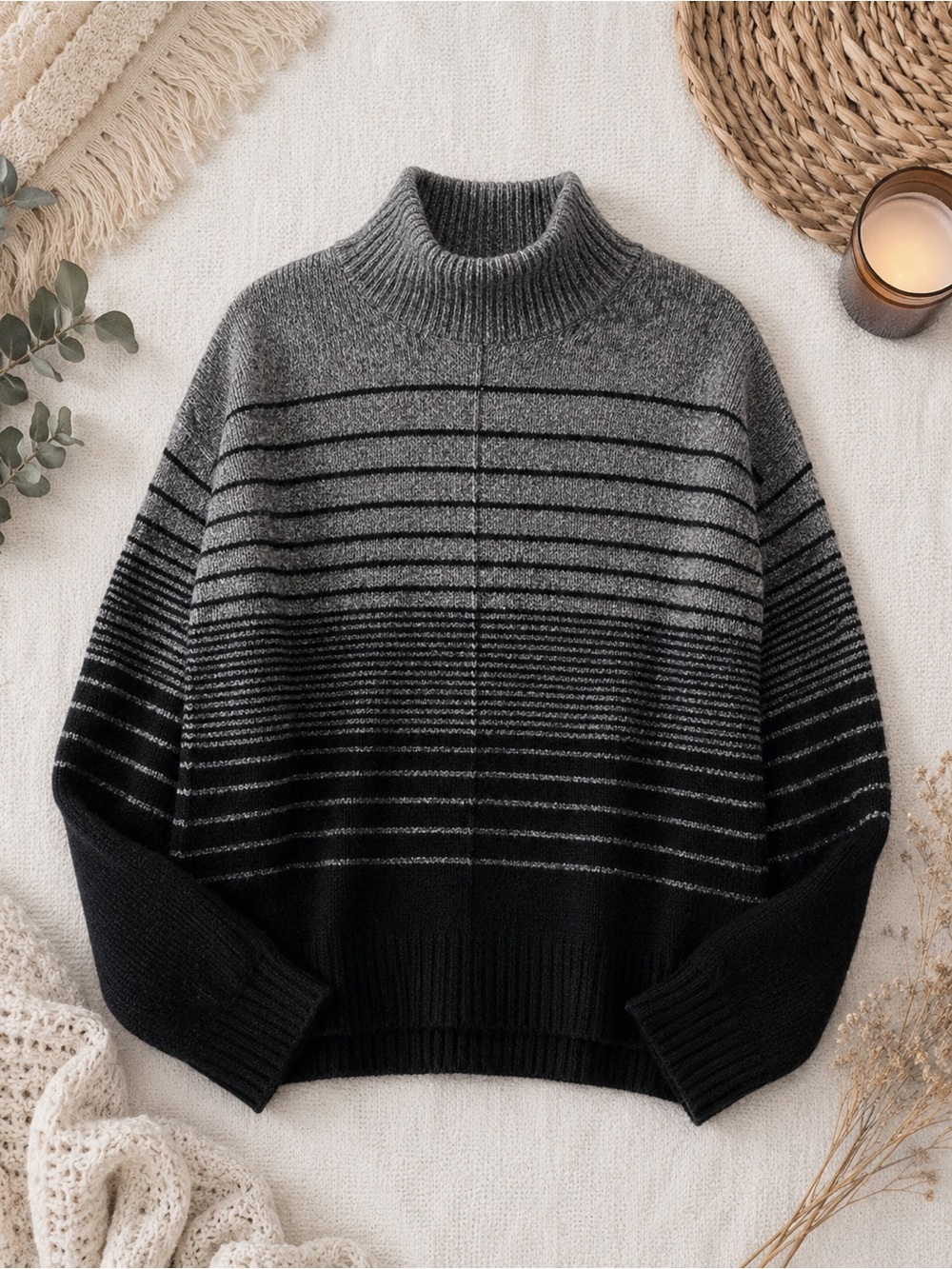 Simply Vera-Vera Wang Pullover Ombre Striped Gradient Mock Turtleneck Sweater